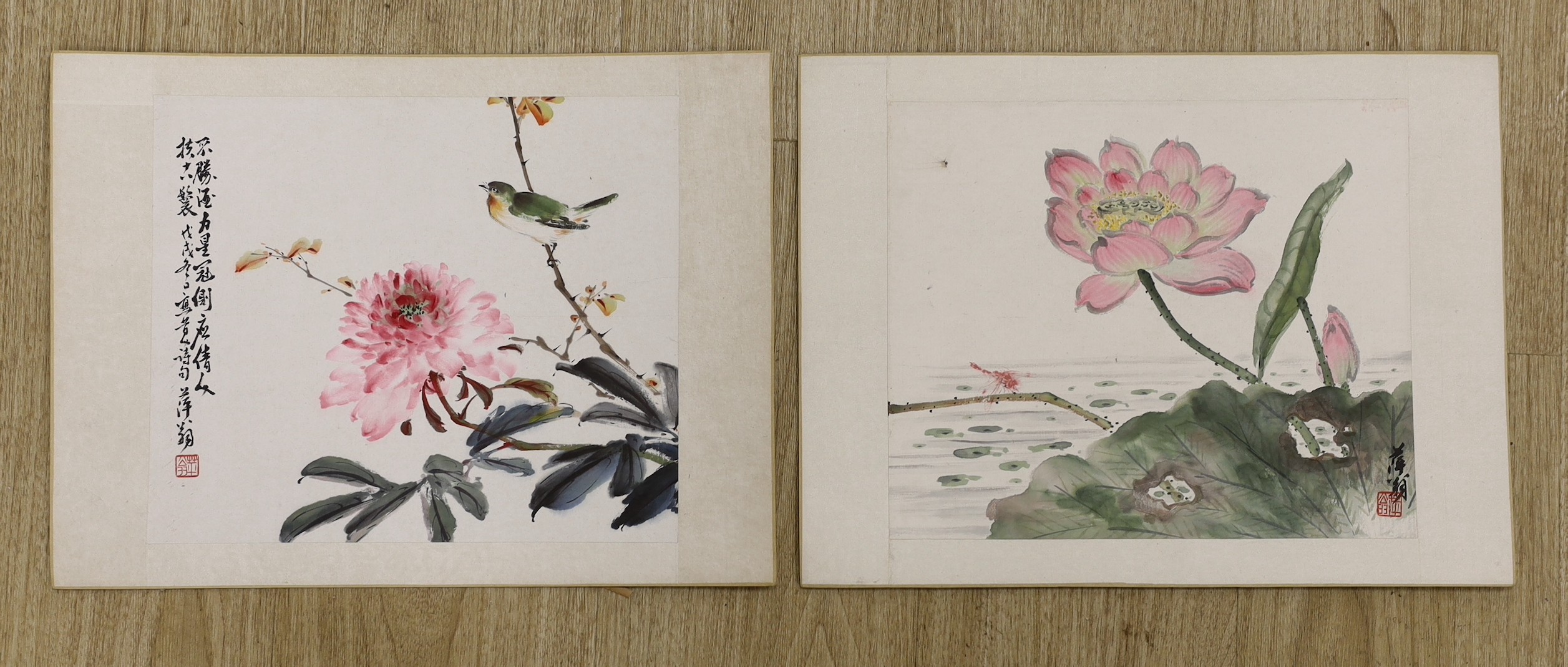 Chinese School, late 20th century, two colour woodblocks on paper, insects or birds and flowers, 25 x 30cm